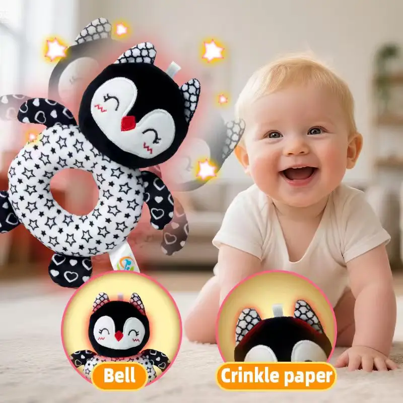 Baby Teething Rattle Toy with Squeaky Sound, Black and White Handheld Sensory Shaker for Newborn 0-12 Months, Cute Grip Ring for - 3
