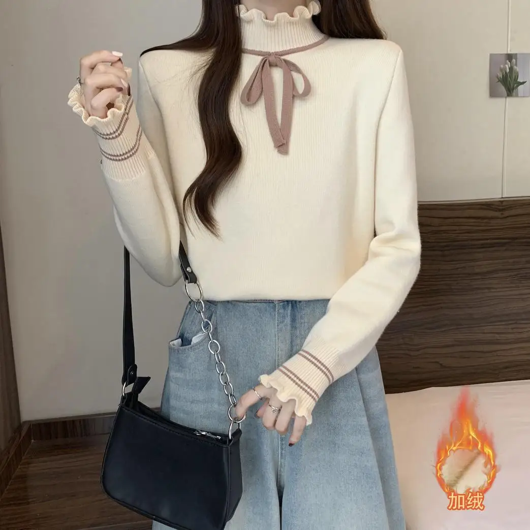 

Свитер с воротником-хомутом, зимний плотный вязаный джемпер, женские мягкие вязаные пуловеры, Повседневные Плюшевые Теплые Топы с флисовой подкладкой