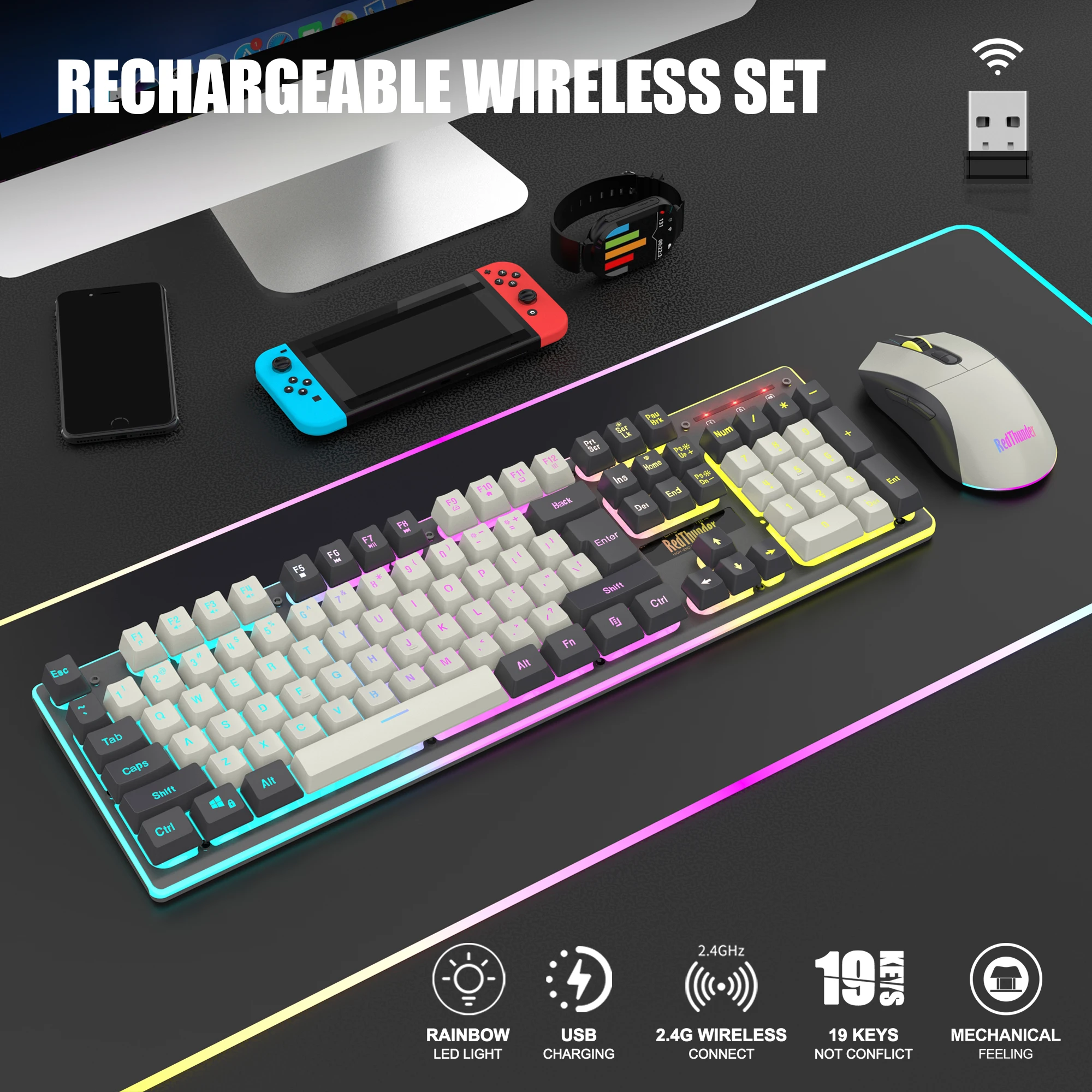 Ensemble clavier et souris de jeu sans fil RedThunder K10, avec  rétro-éclairage LED, batterie Rechargeable 3800mAh, pour les joueurs sur PC  - AliExpress