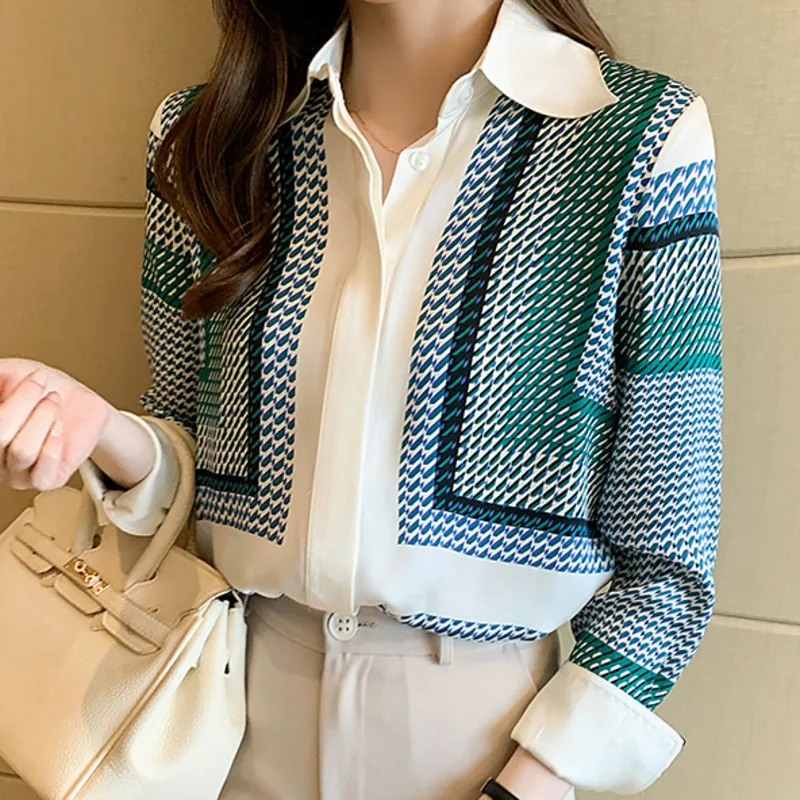 여성용 턴다운 칼라 슬림핏 쉬폰 상의 및 블라우스, 우아한 오피스 블라우스, #3160 용수철 가을 