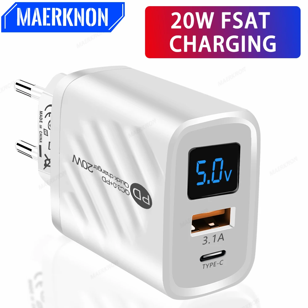 

20W PD USB Charger Fast Charging Type C Digital Display Phone Charge Adapter For iPhone Samsung Xiaomi Huawei USB C Wall Charger