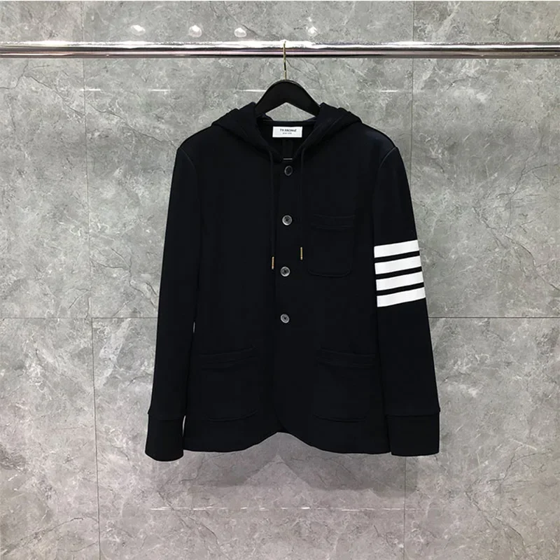 

Korean Designer Male Suit 23ss Man Jacket Fashion Brand Blazers Classic Cotton 4-bar Striped Hooded Coat Casual Formal Navy Suit