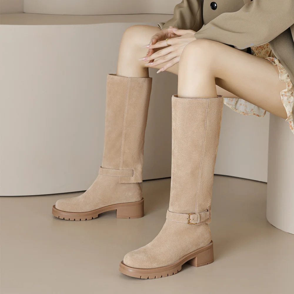 

Autumn Winter Women Knee-High Boots Cow Suede Leather Top Quality Thick Heels Office Lady Elegant Shoes Woman High Boots