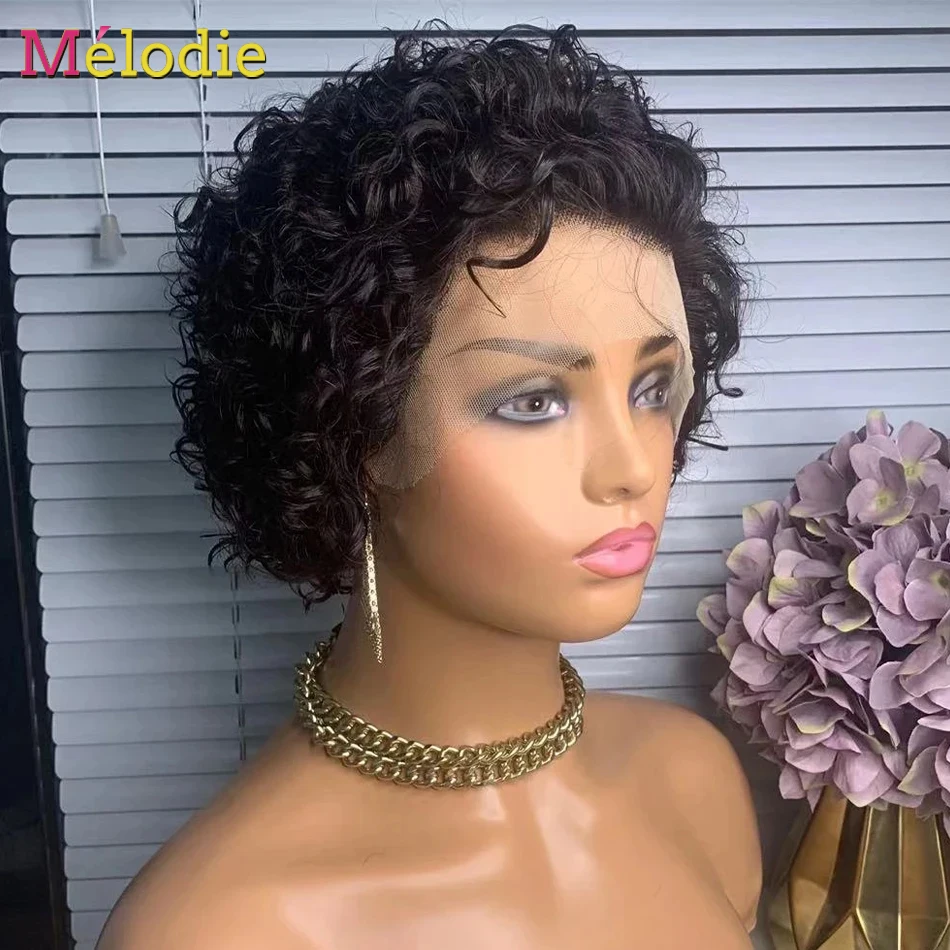 Melodie Pixie Cut Wig Water Wave Human Hair Lace Frontal Wigs T Part Short Bob Curly Transparent Lace Wigs For Black Women