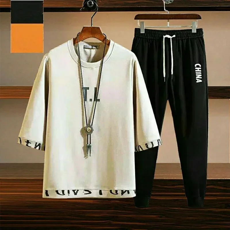 Pants Sets Kpop Chic Clothes for Men Top Slim Fit Casual Stretch Basic Cool Male T Shirt Summer Sweatshirt Sportswear 2023 Trend