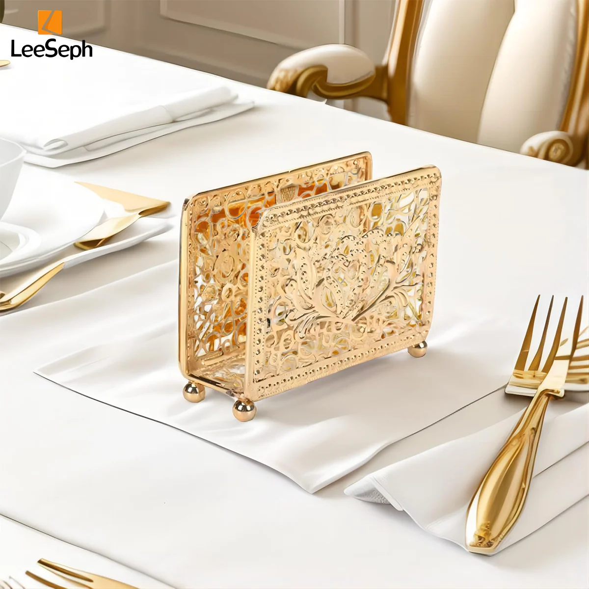 Napkin Holder, Delicate Retro Square Hollow Design, Desktop Decor Napkin Holder Tissue Rack for Tables Dinners Parties Offices 6