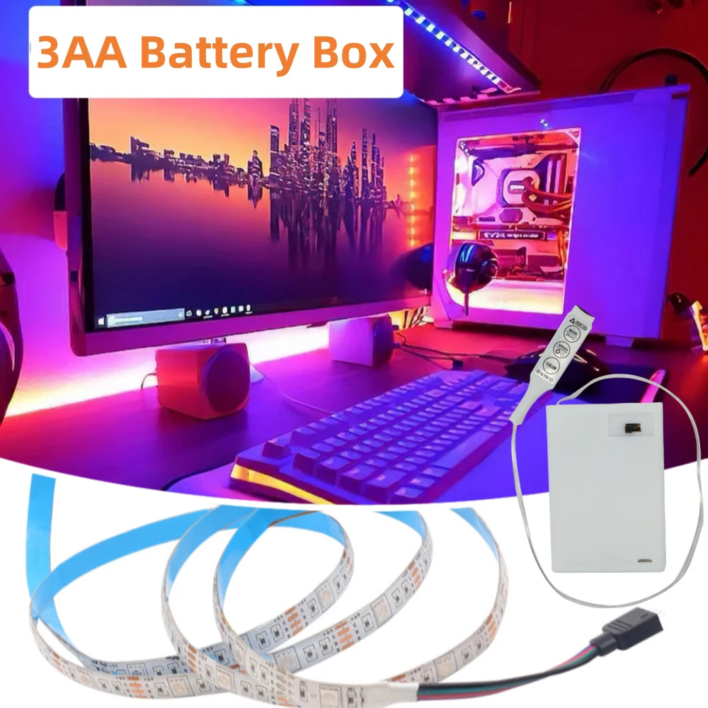 DC 5V RGB LED 스트립 라이트 3AA 배터리 전원 5050 3 17 24 키 리모컨 플렉시블 테이프 30 LED 0.5m 1m 2m 3m 4m 5m