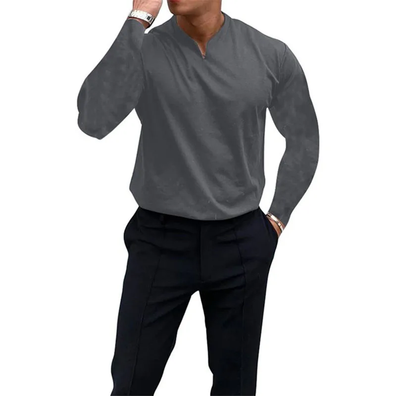 

Long-sleeved V-neck Athletic T-shirt men-s-top Grey