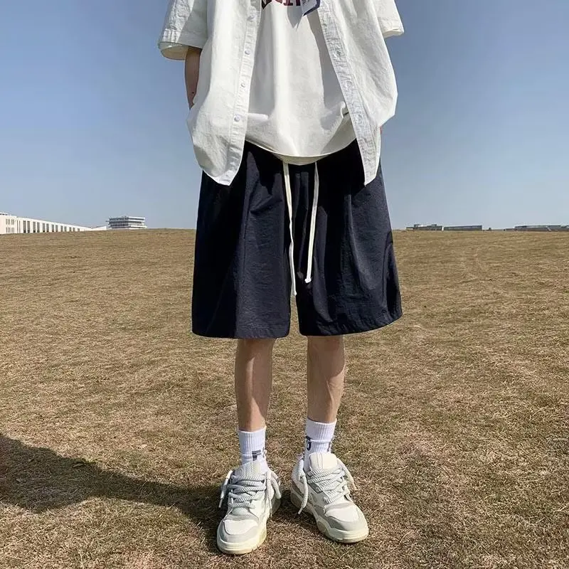 Khaki Color Fashion Loose Workwear Men 2024 Summer Motion Drawstring Casual High Street Straight Cylinder Solid Color Shorts