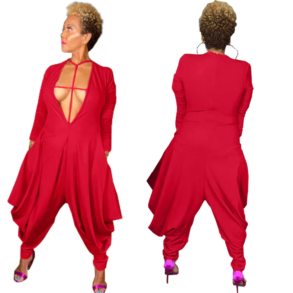 BKLD One Pieces Club Outfit For Women Sexy Solid Color Red Jumpsuit Irregular Pleated Wide Leg Pants Jumpsuit Long Sleeve qili women s long sleeve v neck pleated bodysuits burgundy sexy jumpsuit autumn