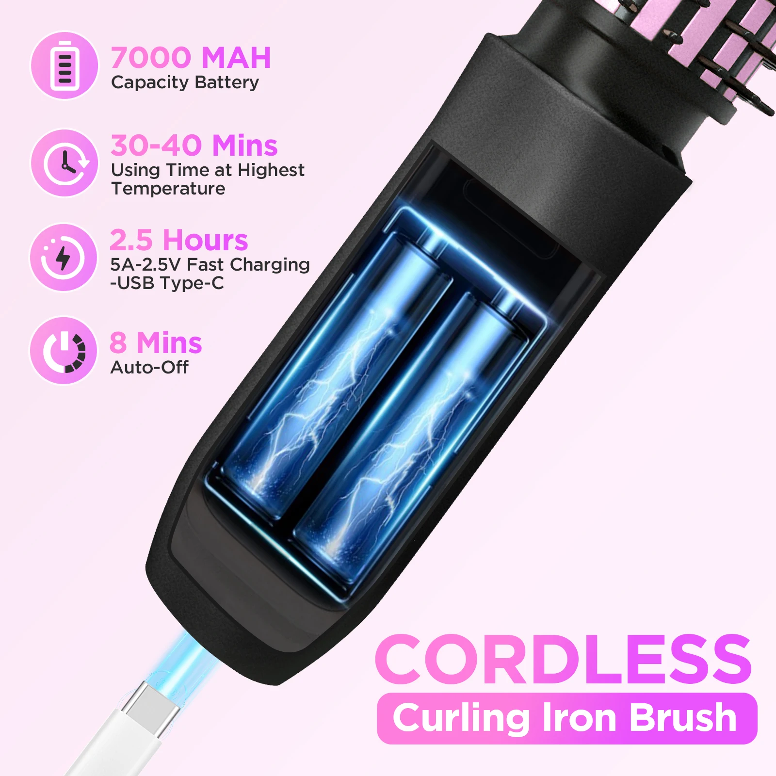 2 In 1 Cordless Hair Curler And Straightener Brush 7000Mah Cordless Curling Iron Brush Portable Travel Curling Iron Mini