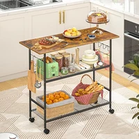 Rolling Kitchen Island Cart with 3 Shelves & 6 Hooks, Microwave Stand with Lockable Wheels, Metal Frame for Dining Living Room