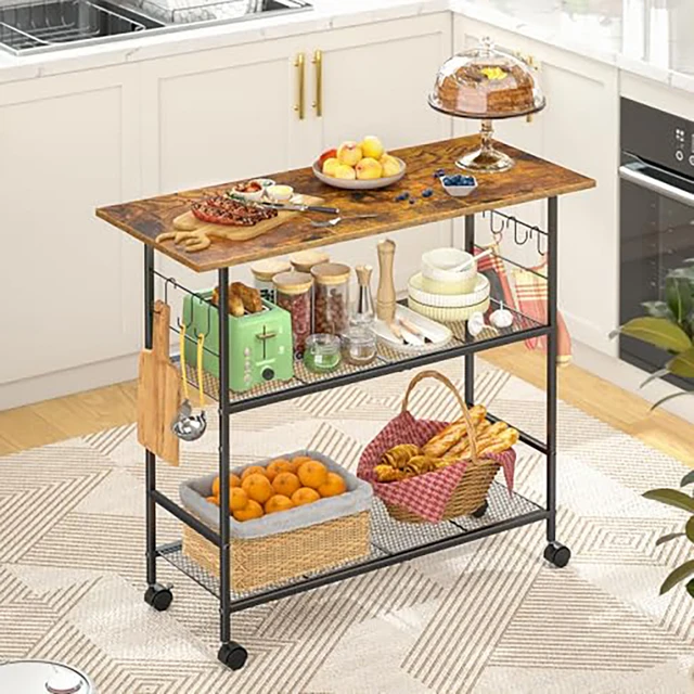 Rolling Kitchen Island Cart with 3 Shelves & 6 Hooks, Microwave Stand with Lockable Wheels, Metal Frame for Dining Living Room