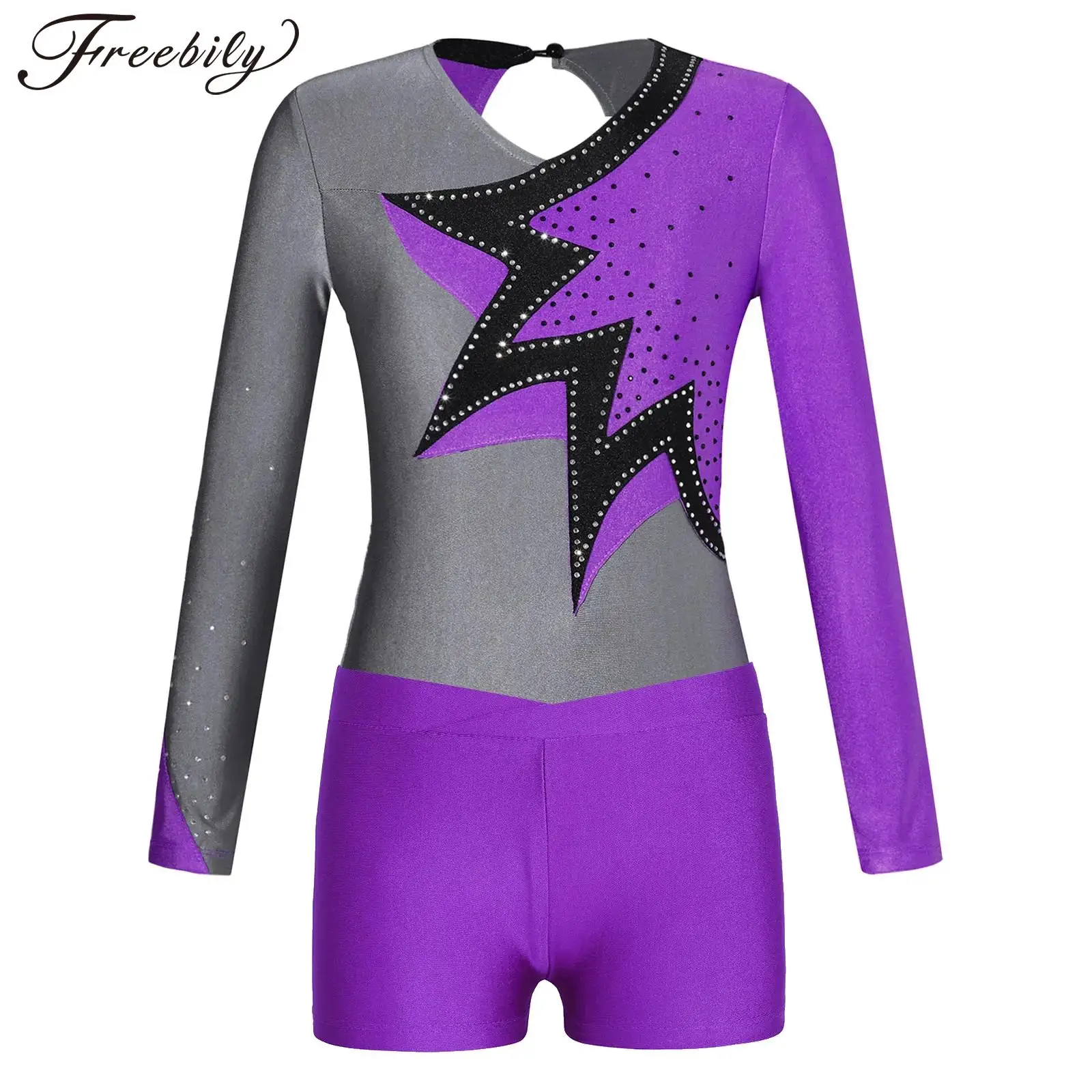 

Kids Girls Long Sleeve Skating Bodysuit Shiny Patchwork Gymnastics Leotard with Shorts Dancewear Sets for Dancing Competition