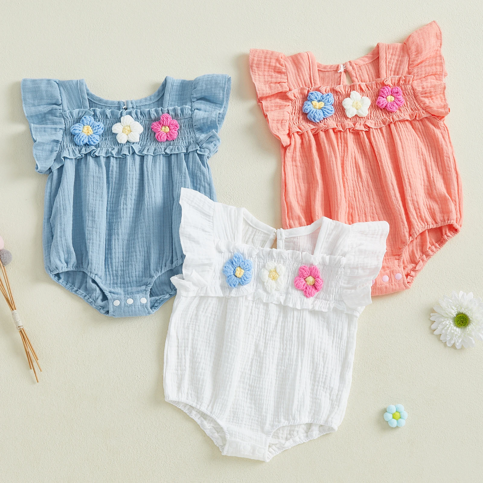 FOCUSNORM 0-12M Newborn Baby Girls Cute Romper Smocked Flower Embroidery Flying Sleeve Newborn Jumpsuit for Summer