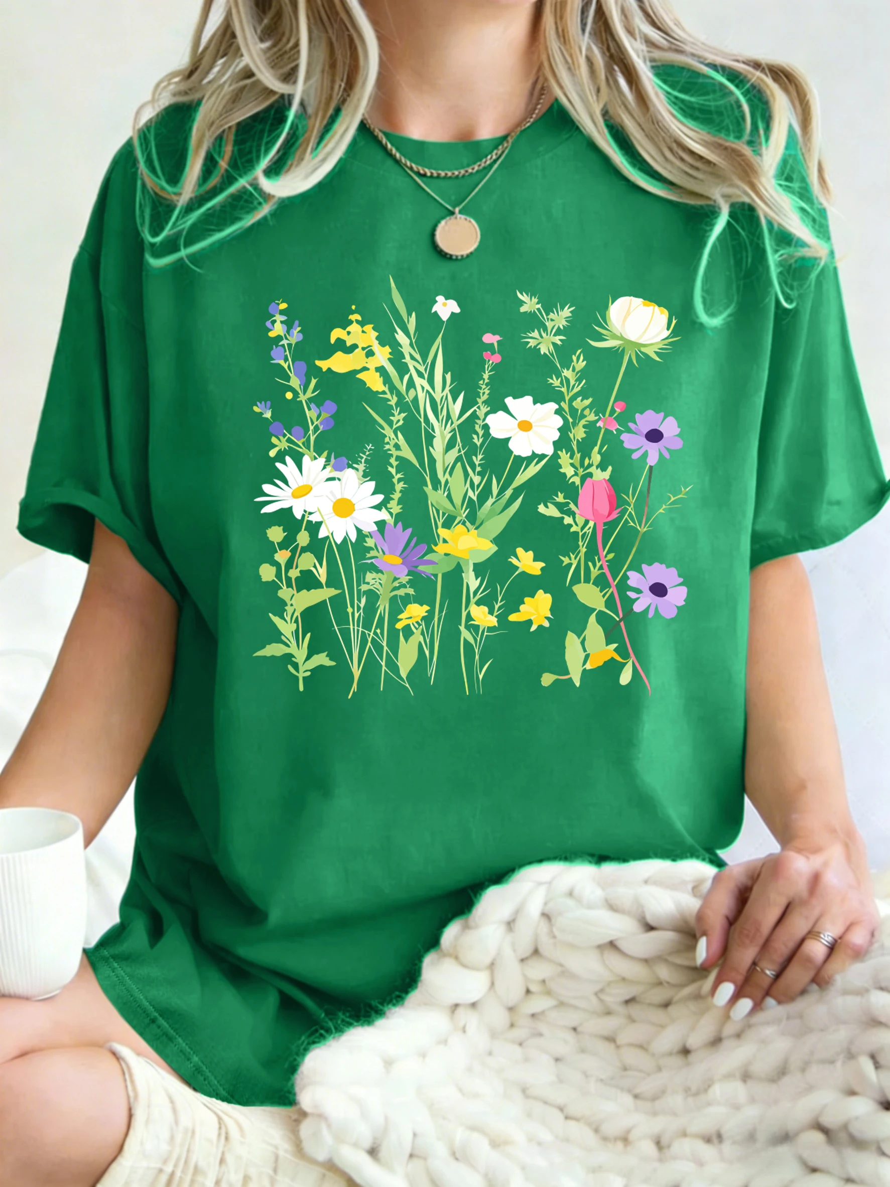 Verschiedene Blumen- und grüne Blätter-Prints Damen T-Shirts Lässige Sport-Tops Y2K Baumwoll-T-Shirt Sommer Oversized Kurzarm – Detail 18