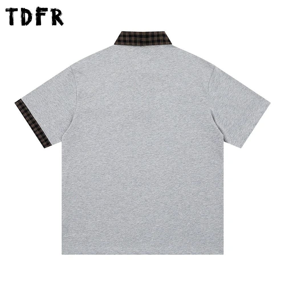 Polo a maniche corte patchwork scozzese da uomo T-shirt da uomo estiva retrò a mezza manica allentata con risvolto - immagine 2