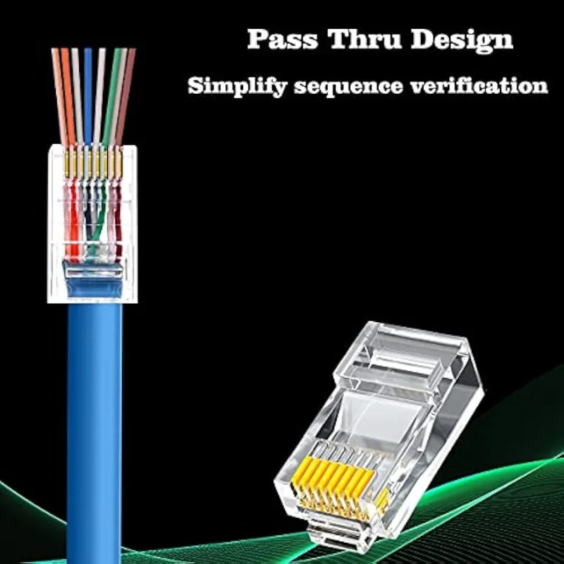 RJ45 Cat6 Cat6a 패스스루 커넥터 금도금 8P8C 모듈러 플러그 (23AWG 트위스트 페어 와이어 및 표준 케이블용) (100개)