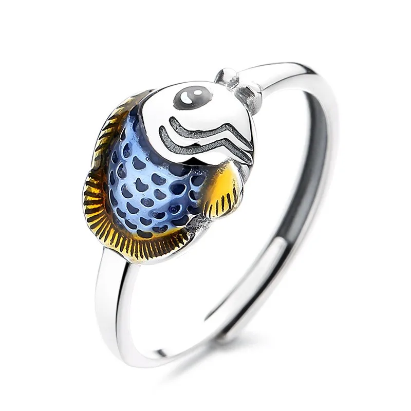

775J ZFSILVER Silver S925 Fashion Trendy Adjustable Retro Lovely Enamel Carp Dudu Fish Ring For Girl Women Wedding Party Jewelry