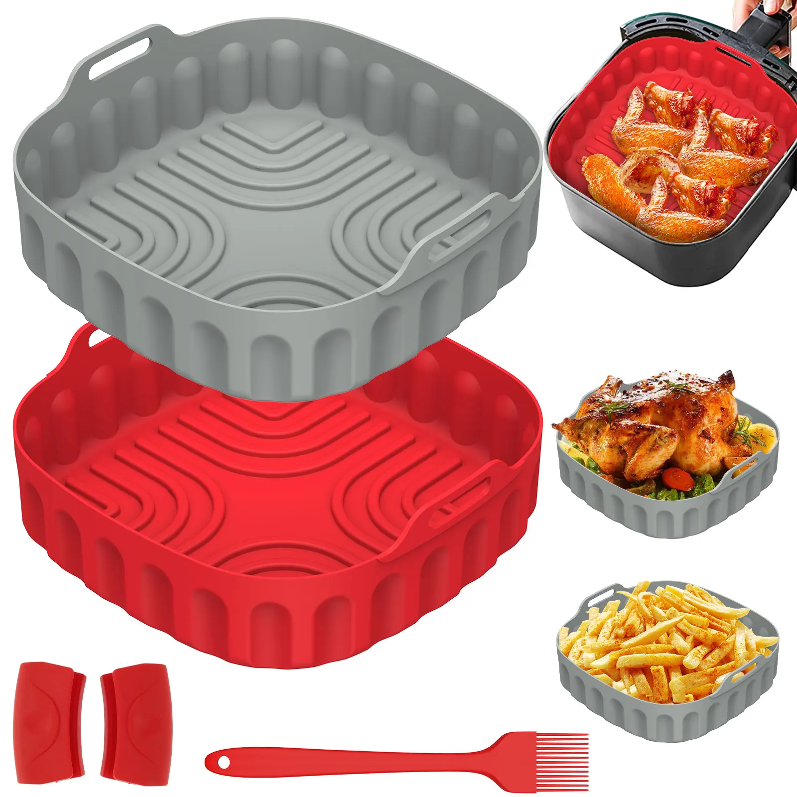 

Air Fryer Silicone Liners with Oven Mitts Brush Food Grade Air Fryer Silicone Pan with Handle Foldable Air Fryer Silicone Tray