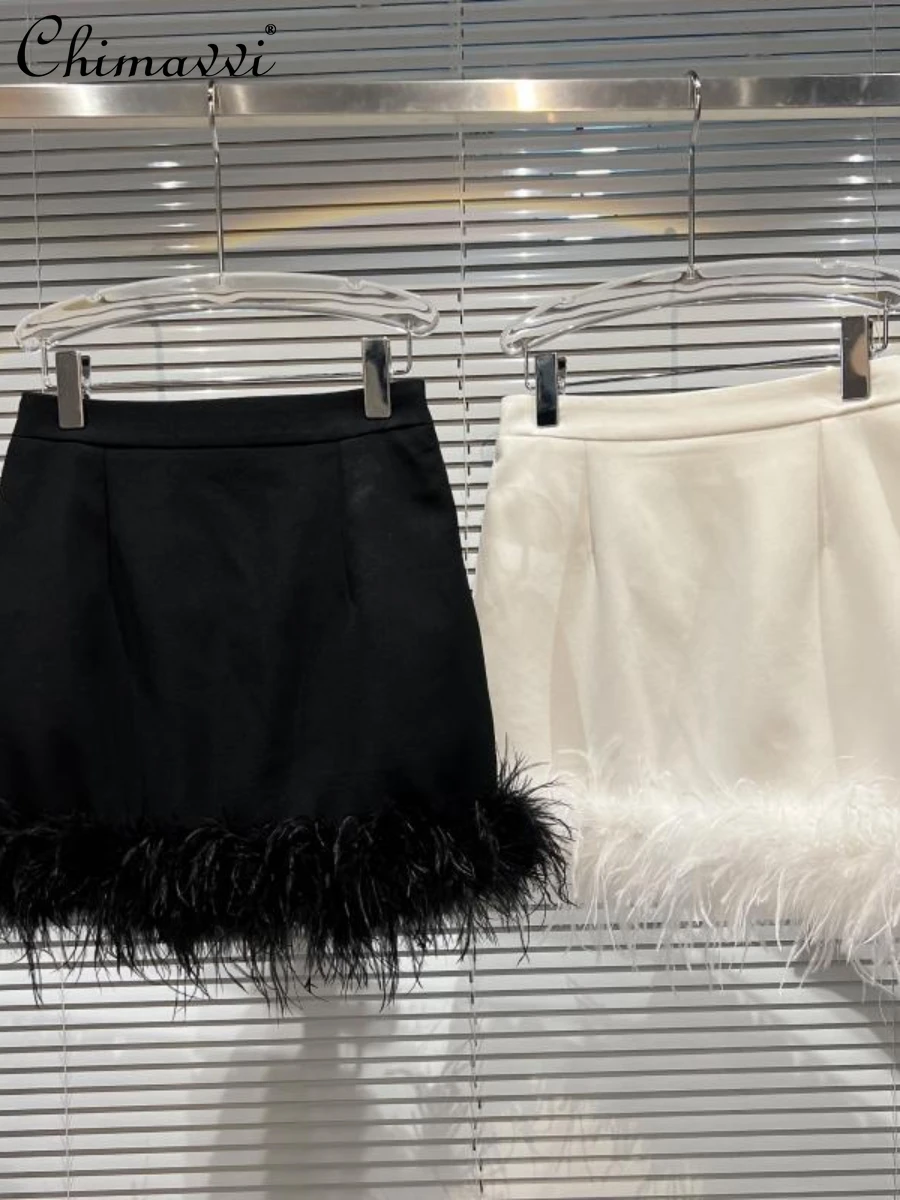 

2022 Summer Wear New Fashion Hem Furry Design Black Skirt High Waist Slimming Pure Color All-Matching Short Women's Skirts