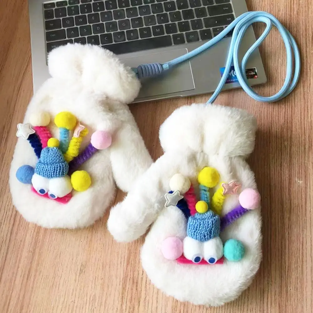 

1 Pair with Lanyard Fluff Gloves Outdoor Thicken Women Necked Gloves Creative Funny Winter Warm Gloves