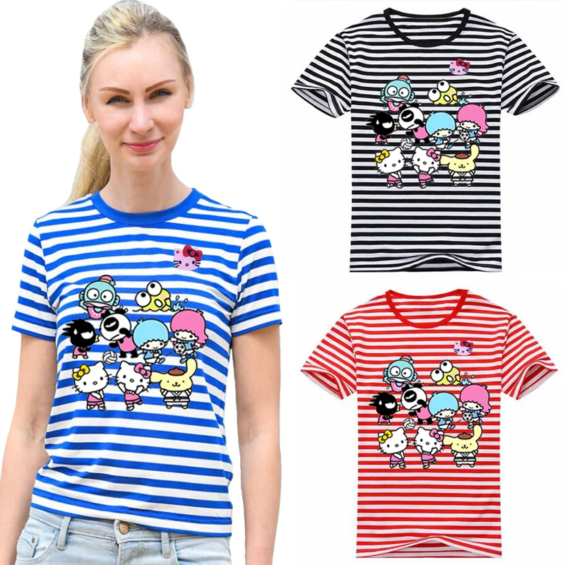 

Женская летняя полосатая футболка с коротким рукавом и вышивкой в виде кошки