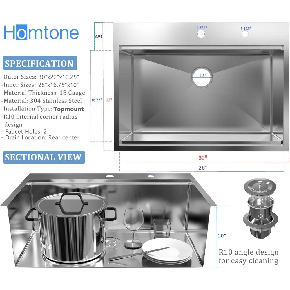 30x22 Inch Kitchen Sink Topmount, Stainless Steel 10" Deep Single Bowl Sink, Workstation Sink Combo