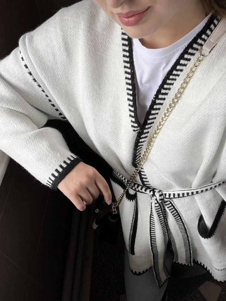Knit Contrast Cardigan Sweater For Women Lace-Up Pocket Long Sleeve Patchwork Loose Coat Autumn Knitwear Women's Outwear