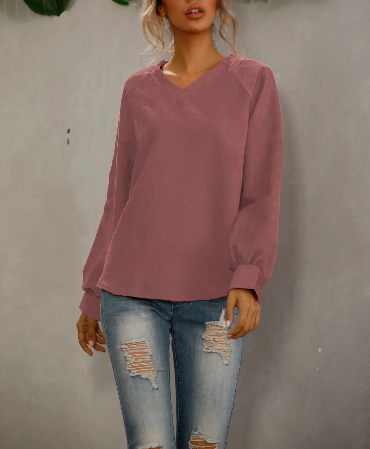 Spring and Autumn New V-neck Corduroy T-shirt Solid Color Pullover Loose Fitting Long Lantern Sleeve Sweatshirts for Women