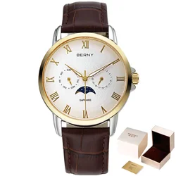 BERNY Quartz Multifunction Watch for Men Sapphire Dress Watch Waterproof Stainless Steel Clock Leather Bracelet Man Wristwatch