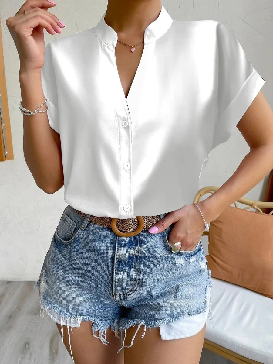 Casual V Neck Solid Shirt Blouse Office Lady Spring Summer