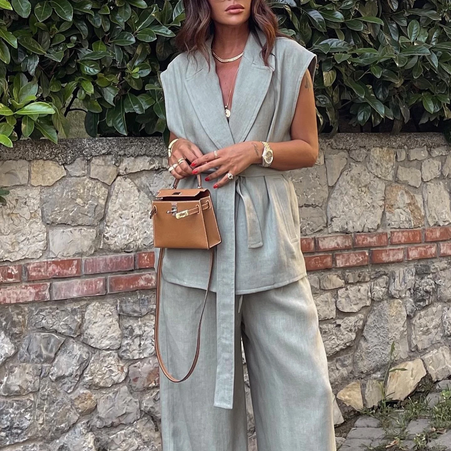 

Summer Linen Pants Set Women Fashion V-neck Belt Vest and High Waist Wide Leg Pant Suit Elegant Causal Loose Two Piece Set 2023