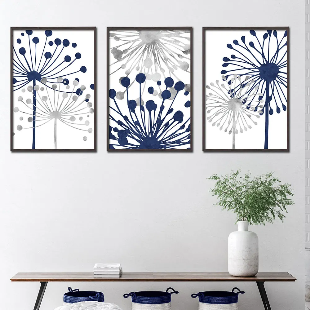 

Navy Blue Grey Abstract Floral Dandelion Canvas Art Set of 3 Painting Modern Flower Picture Wall Posters Home Room Decor Cuadros