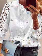  Women Elegant Fashion Butterfly Print Blouses Top Ruffled Trim  Casual Long Lace Sleeve Blouse 