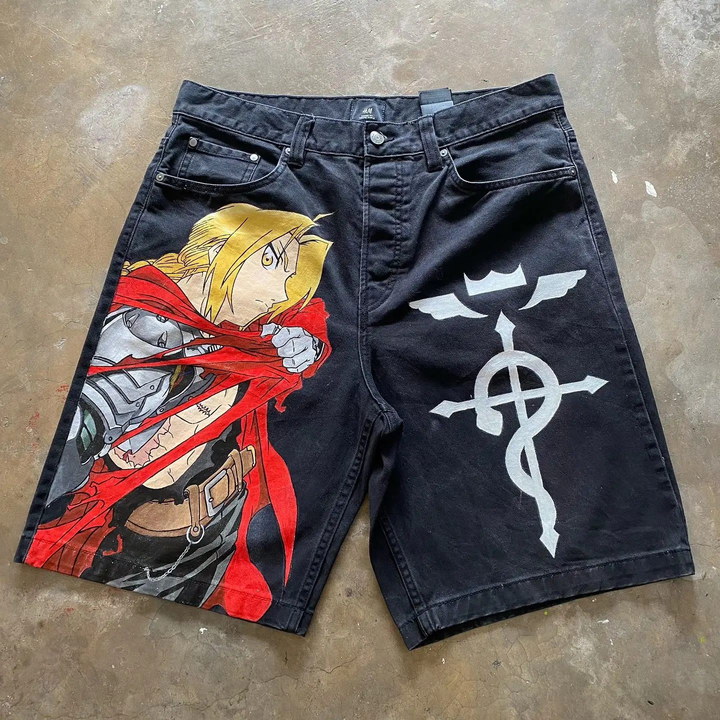 Japan Cartoon Anime Characters Graphic Print Hip Hop Denim Shorts Y2k Harajuku Retro Straight Jorts Streetwear Men Women Shorts