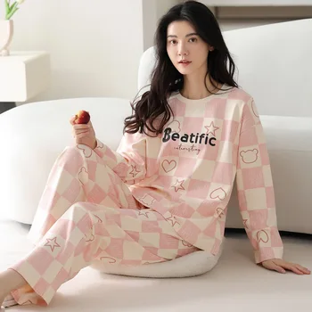 2Pcs/set women's pajamas spring and autumn long-sleeved trousers cartoon cute can be worn outside leisure and comfortable studen 1