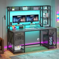 Computer Desk with Drawers & Power Outlets, 59" Home Office Desk with Hutch, Gaming Desk with LED Lights, Grey 1