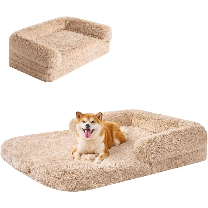 Foldable XXL Dog Bed, Faux Fur Fluffy Dog Bed for Extra Large Dogs, Orthopedic Calming Memory Foam Big Couch Bed