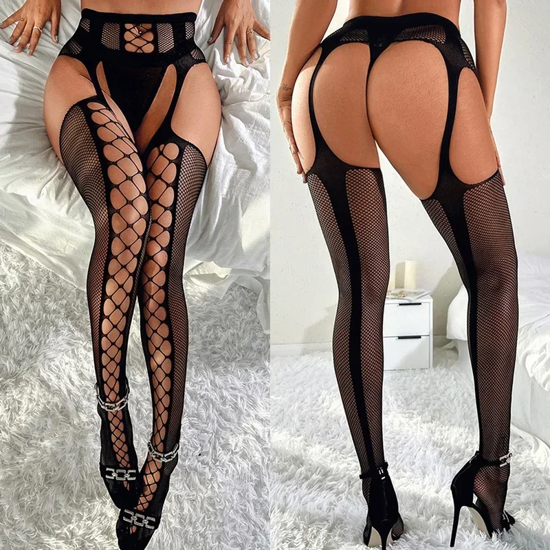 Sexy Lingerie Women Erotic Fishnet Crotchless See Through Transparent Mesh Stockings Babydoll Dress