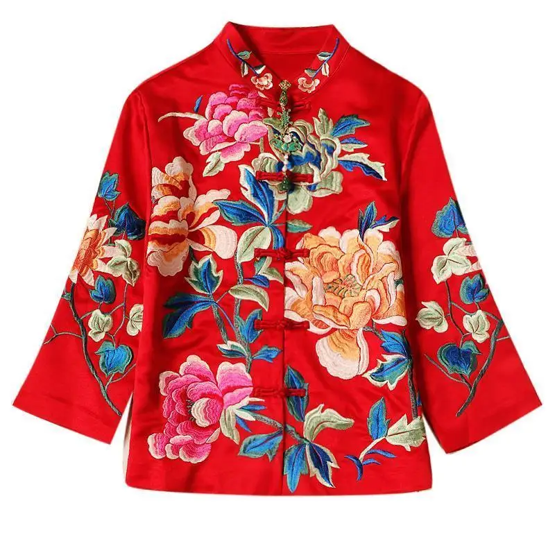 Peony Flower Embroidery Vintage Tang Suit Jacket Women Long Sleeve Single-breasted Loose Stand Collar Chinese Style Outerwear chinese dress