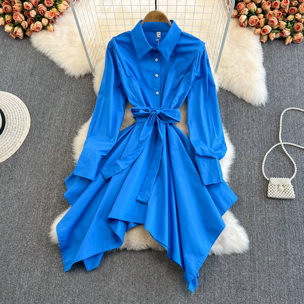 

Medium Length Irregular Waist Shirt Dress Children's Spring Retro Hong Kong Style Long Sleeve High Waist Bandage A-shaped Dress