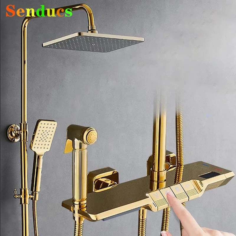 ทองดิจิตอลเปียโนชุดฝักบัวทองเหลืองคุณภาพเปียโนร้อนเย็นดิจิตอลห้องน้ําระบบอุปกรณ์เสริม 12 นิ้ว Rain Shower Head 1