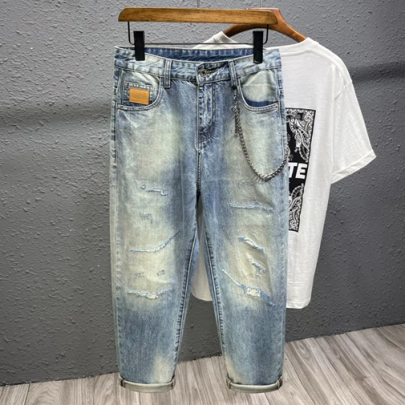 Men's Ripped Jeans with Ornaments Design Summer Breathable Comfort Trend Retro Distressed Trendy All-Match Casual Cropped Pants