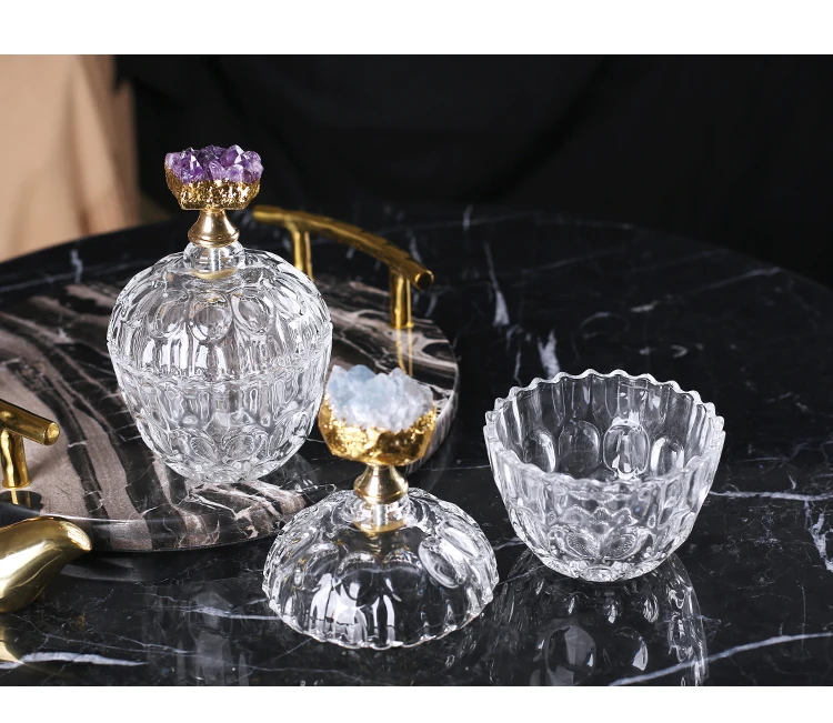 Description Picture 5 of itemNatural Crystal Decorative Glass Jars with Lid Simple Candy Pot Tea Leaf Storage Grain Dispenser Coffee Table Decorations