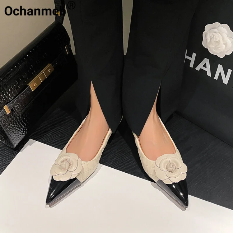 

Ochanmeb Women Genuine Leather Flats Brand Luxury Flower Quilted Mixed Color Flat Shoes Pointy Toe Slip-on Beige Shoe Lady 33-41