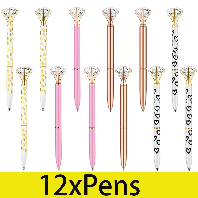 

12Pcs Large Diamond Gem Crystal Pens Metal Ballpoint Pen Gift Signature Neutral Pens