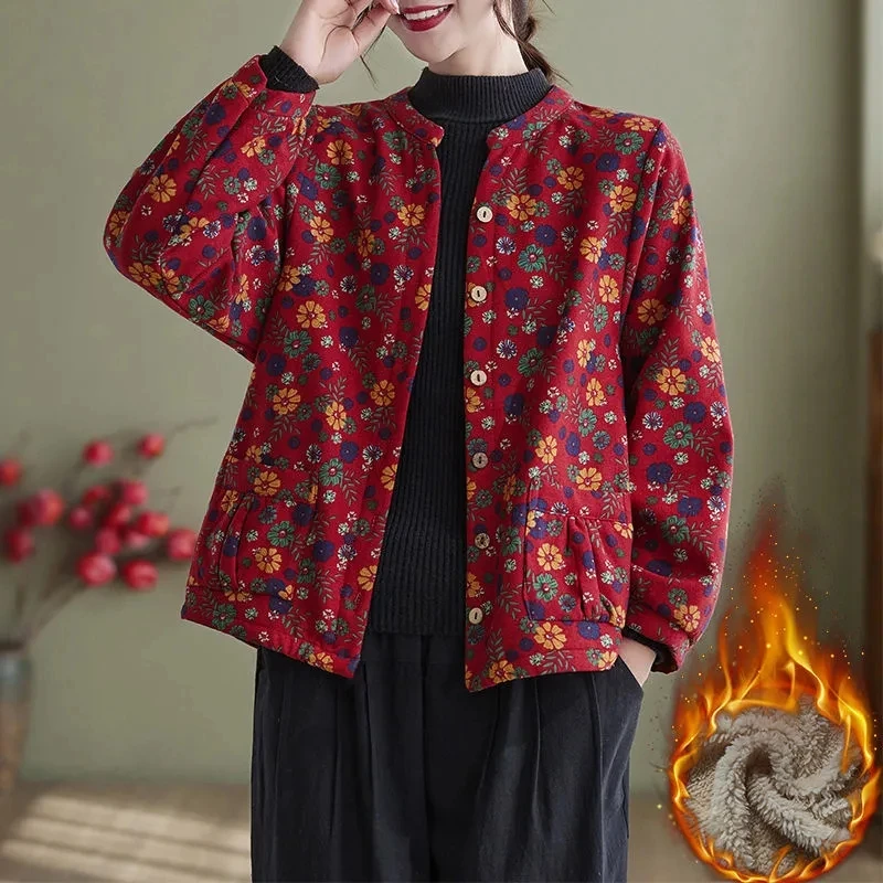 

Женское плюшевое пальто, винтажное художественное пальто с ароматизированными цветами, однобортное свободное приталенное теплое пальто с принтом, 4XL, зима 2023