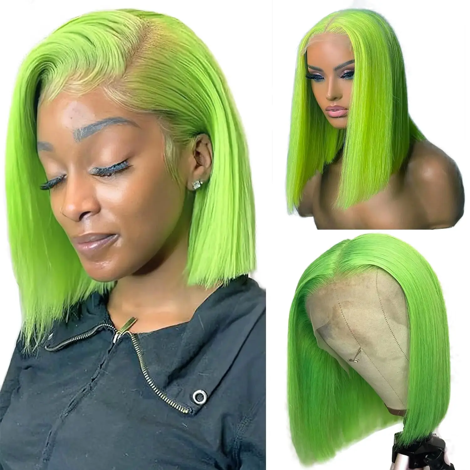 

613 Green Short Bob Straight Cosplay Lace Front Wig Remy Human Hair Wig Brazilian Pixie Cut 200 Density Lace Frontal Bob Wigs