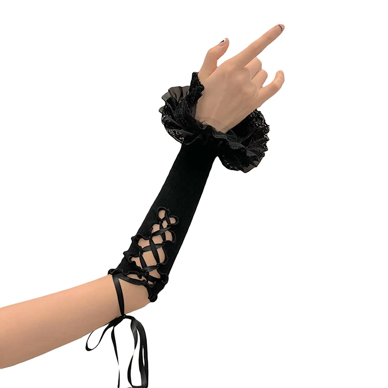 

Womens Fashion Fingerless Gloves Cross Tie-up Elbow Length Arm Warmers Sleeves Lolita Costume Accessories